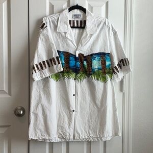 White Casual Button Down Shirt with Turquoise and Brown Geometric Pattern